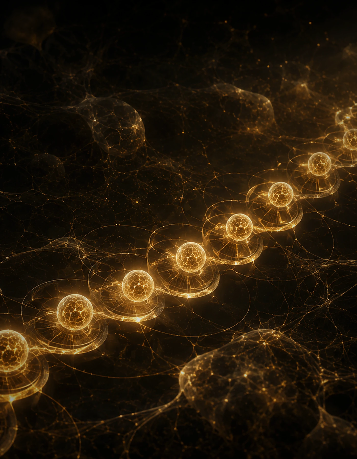 Dark biological field with gold cellular signals, representing ageing as a response to internal conditions.