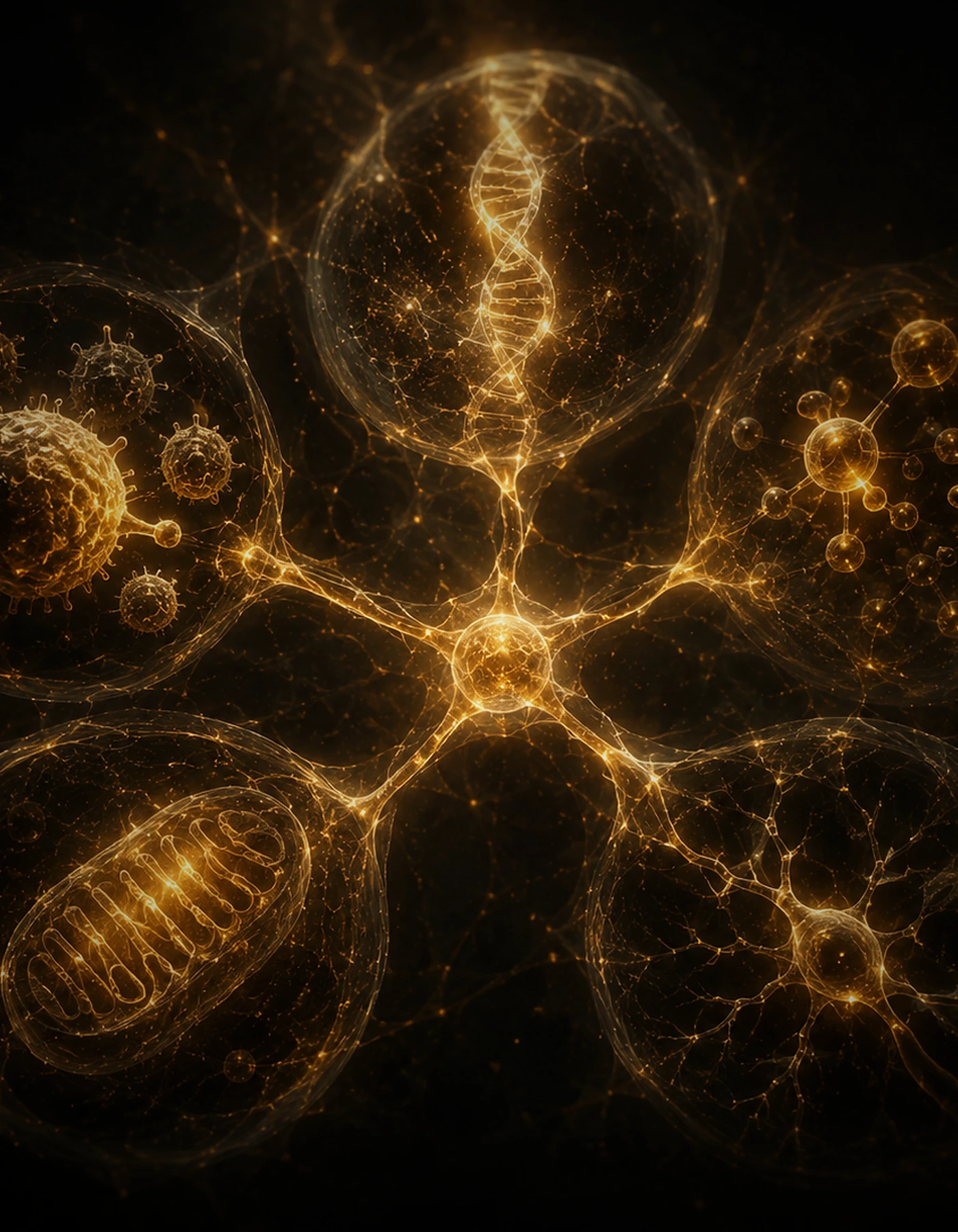 Dark gold biological pathway of repeated cellular signals, representing the five ageing signals.