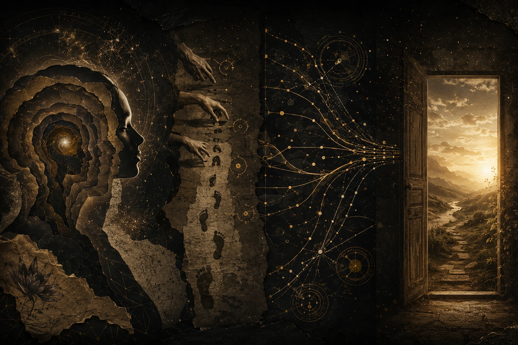 A symbolic pathway from inner identity through repeated actions toward an open doorway, representing identity, behaviour, probability and outcome.