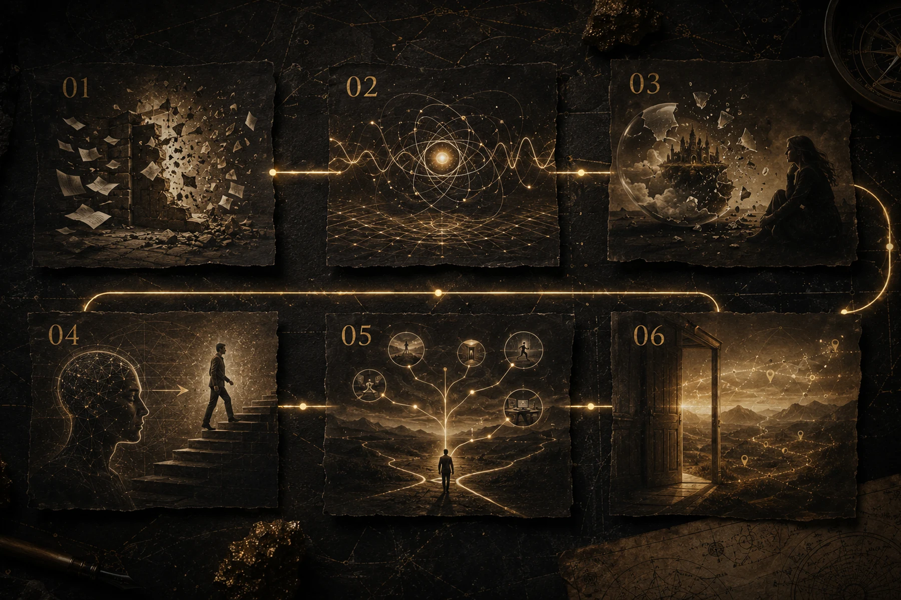A visual map of six connected course modules, showing a journey from clearing confusion through quantum mechanics, identity change, practice and deeper integration.