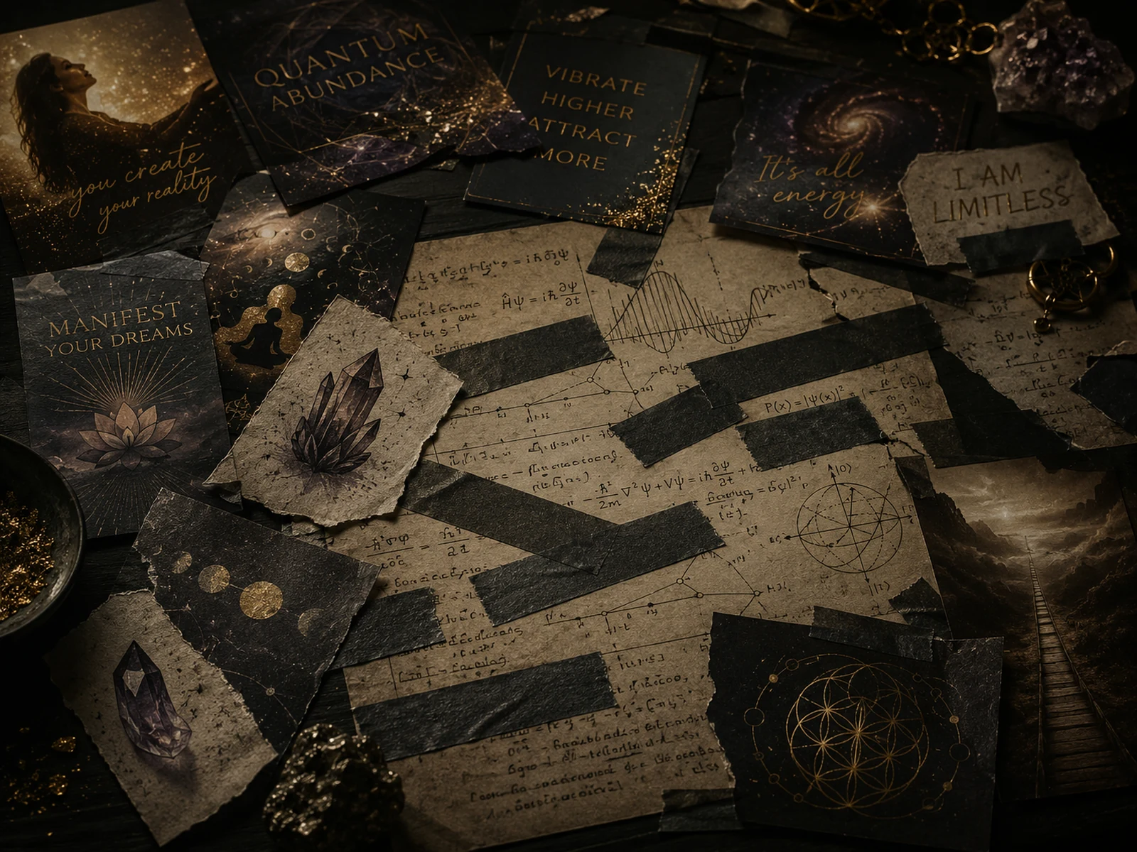 A dark collage of manifestation slogans and real physics notes taped together, symbolising the confusion between quantum science and spiritual marketing.