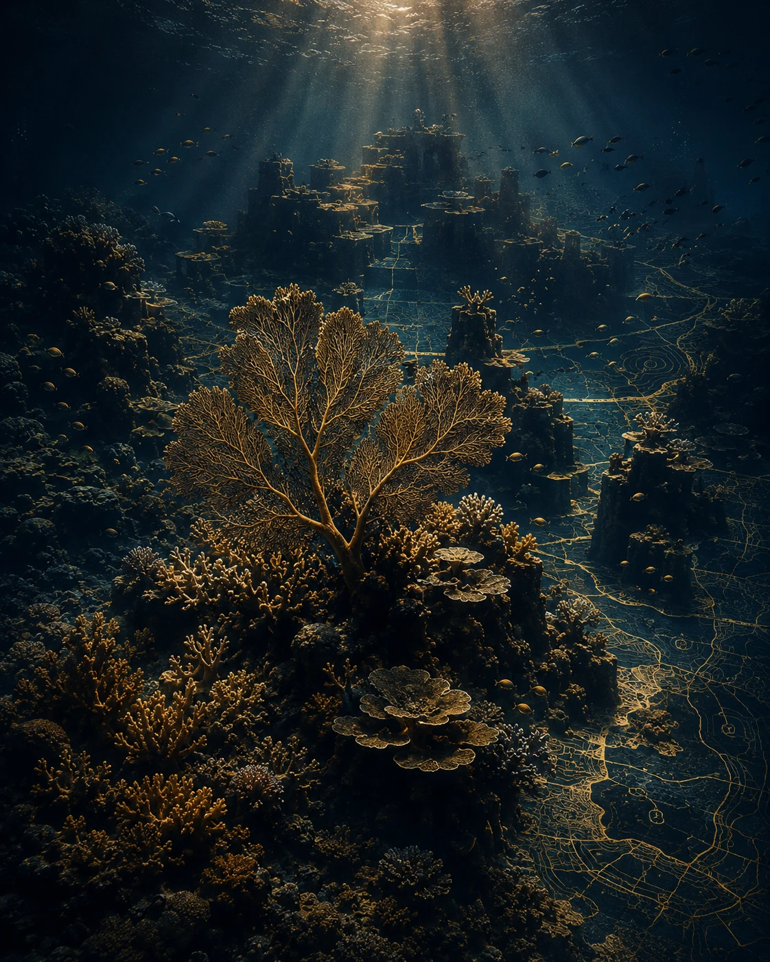 A dark coral reef edge dropping toward deep ocean, symbolising the deeper map and architecture of the Nine Realms.