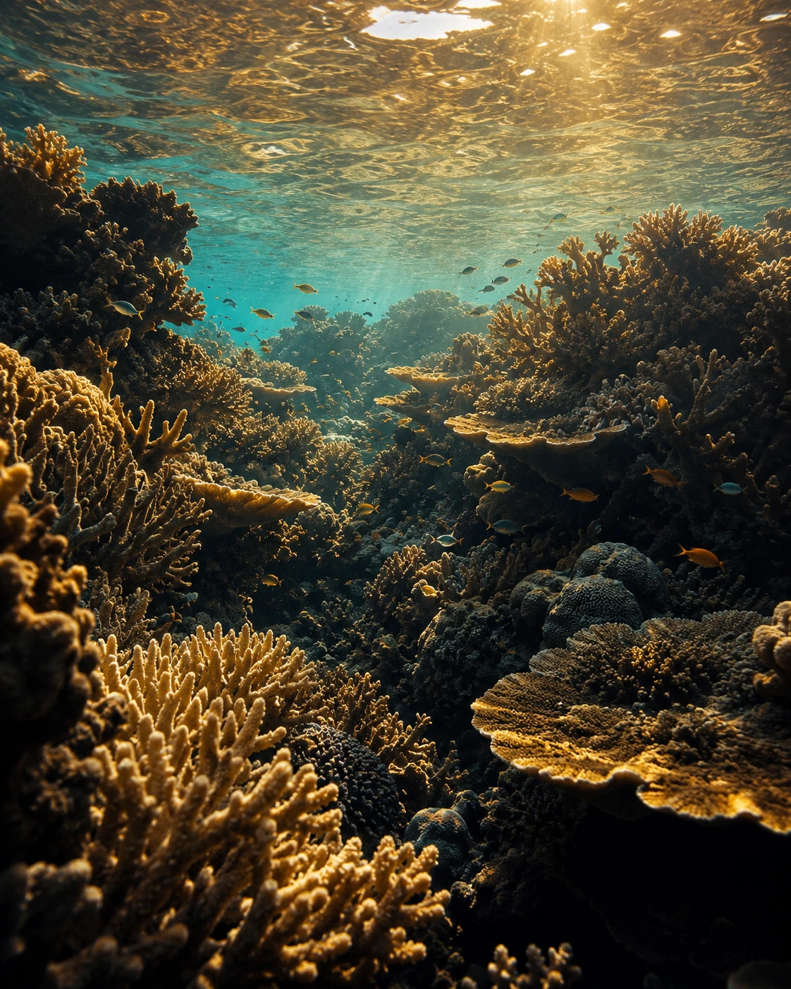 A dark coral reef in gold light, representing the beautiful but shallow water of the self-help industry.