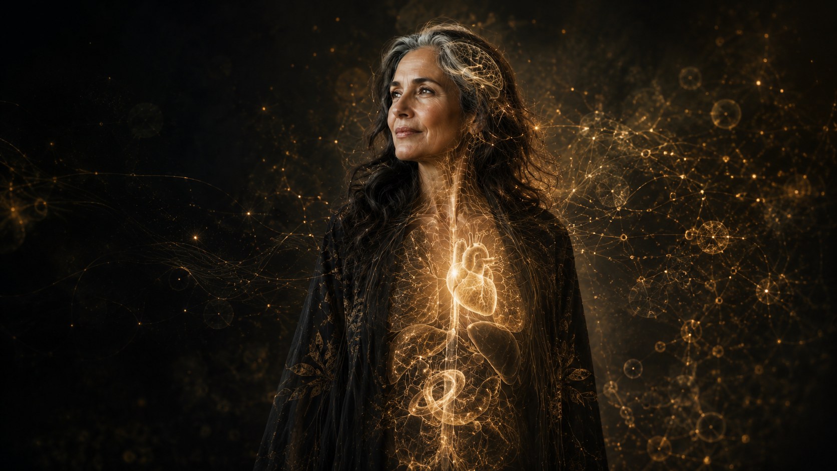 Midlife woman with glowing biological anatomy illustration