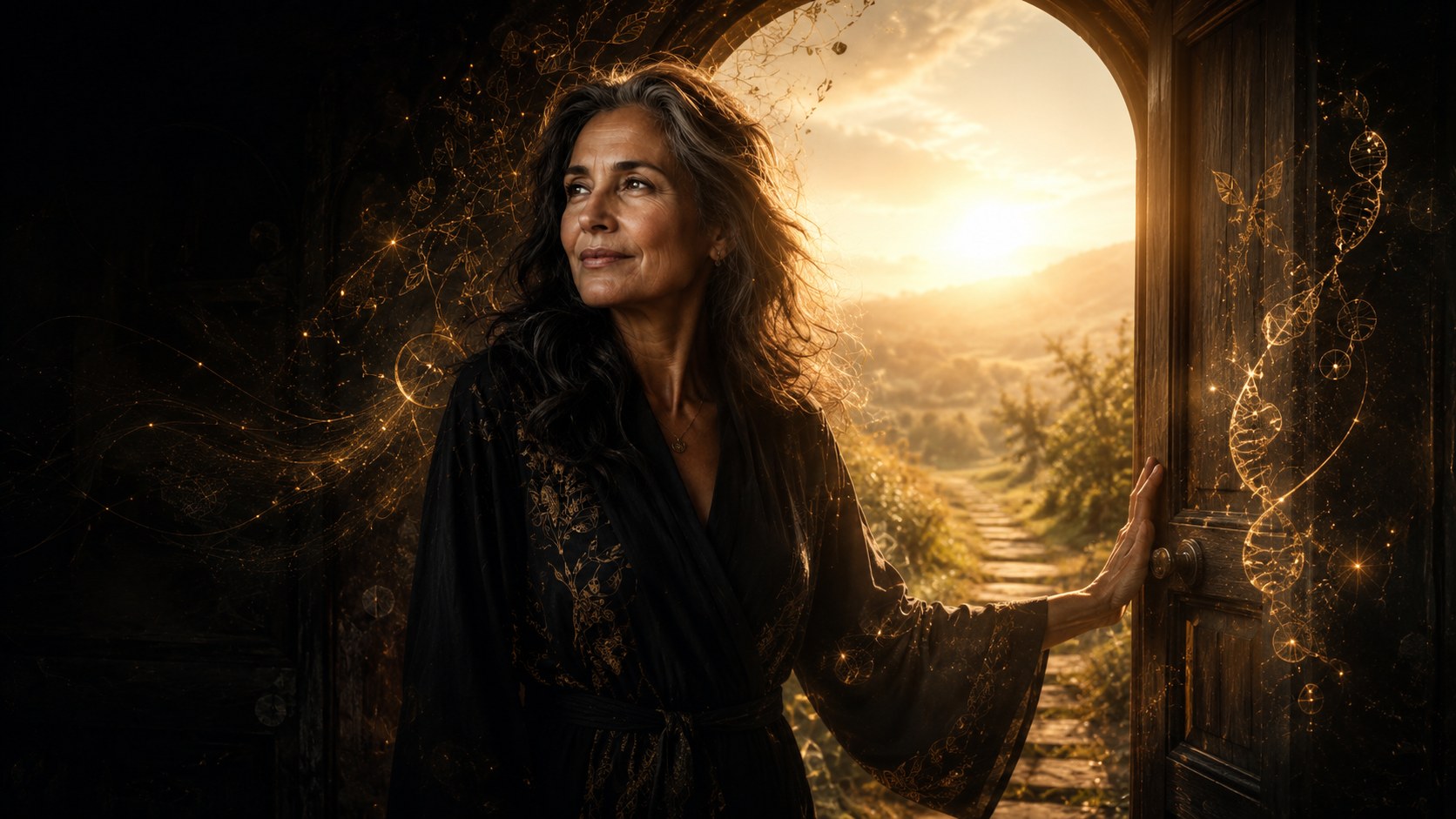 Midlife woman standing in a doorway at dawn, symbolising a new beginning