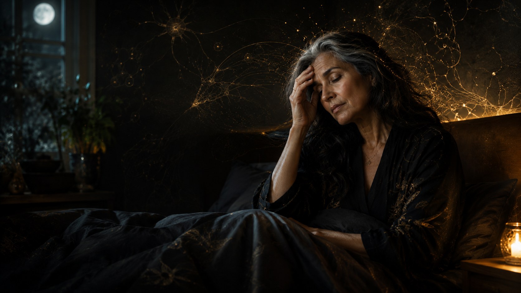 Midlife woman awake at night feeling exhausted and overwhelmed