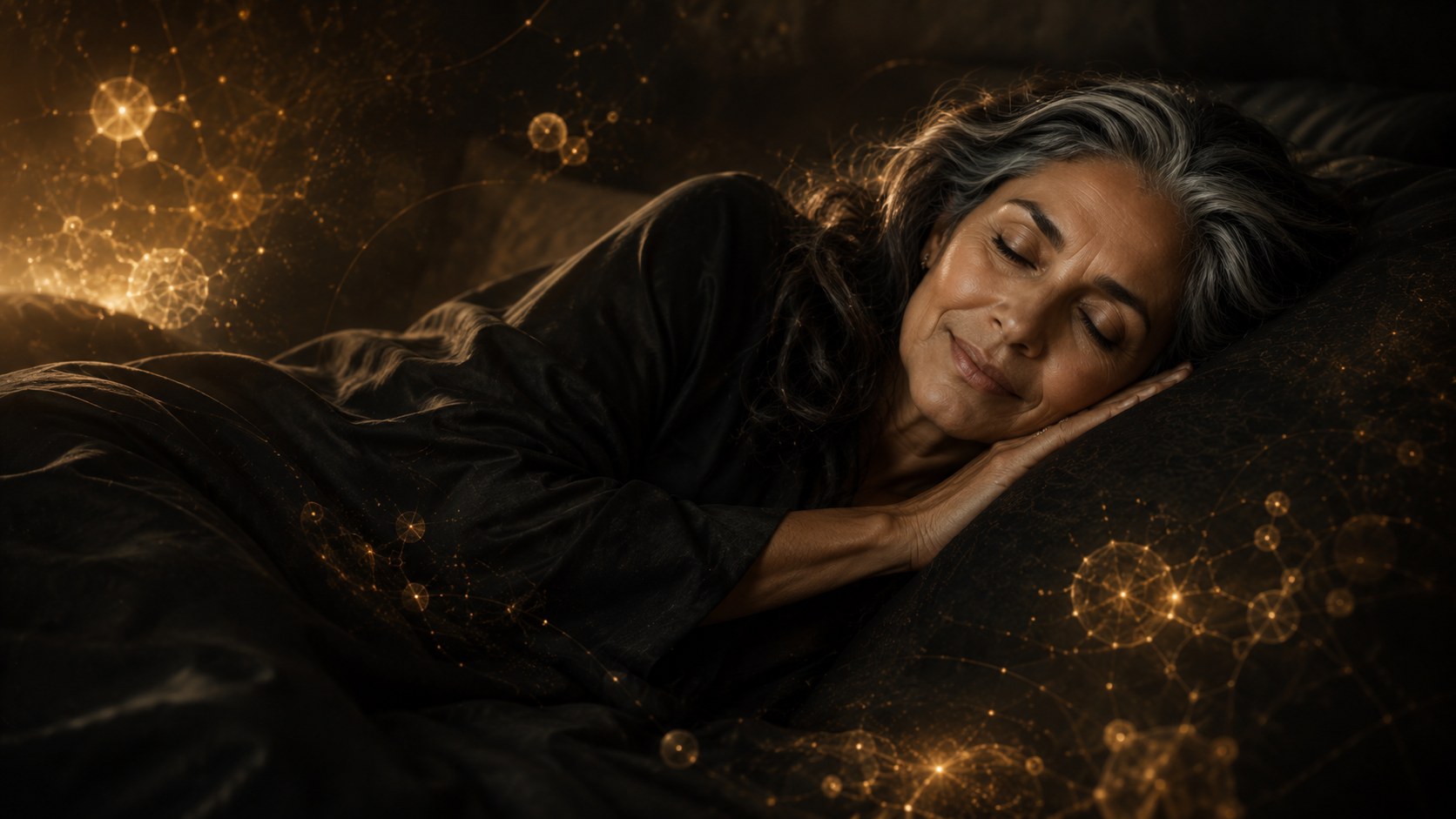 Midlife woman sleeping peacefully, symbolising restoration