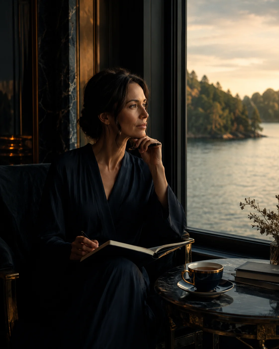 A woman reflecting beside a lake, representing serious personal change