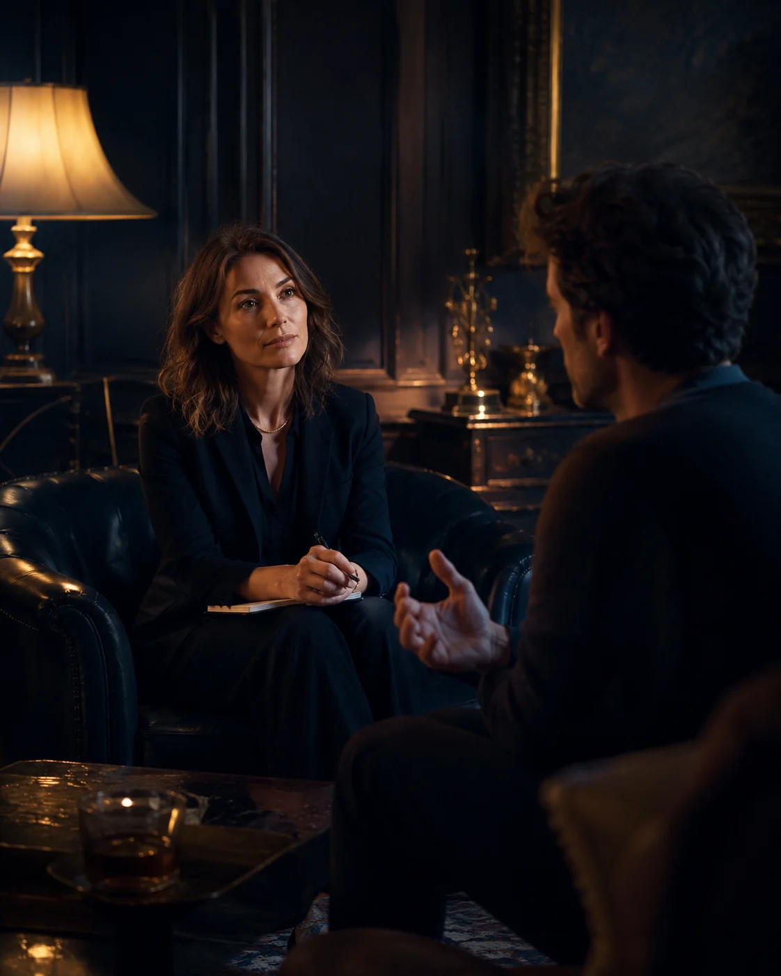 A practitioner in deep conversation with a client in a dark study