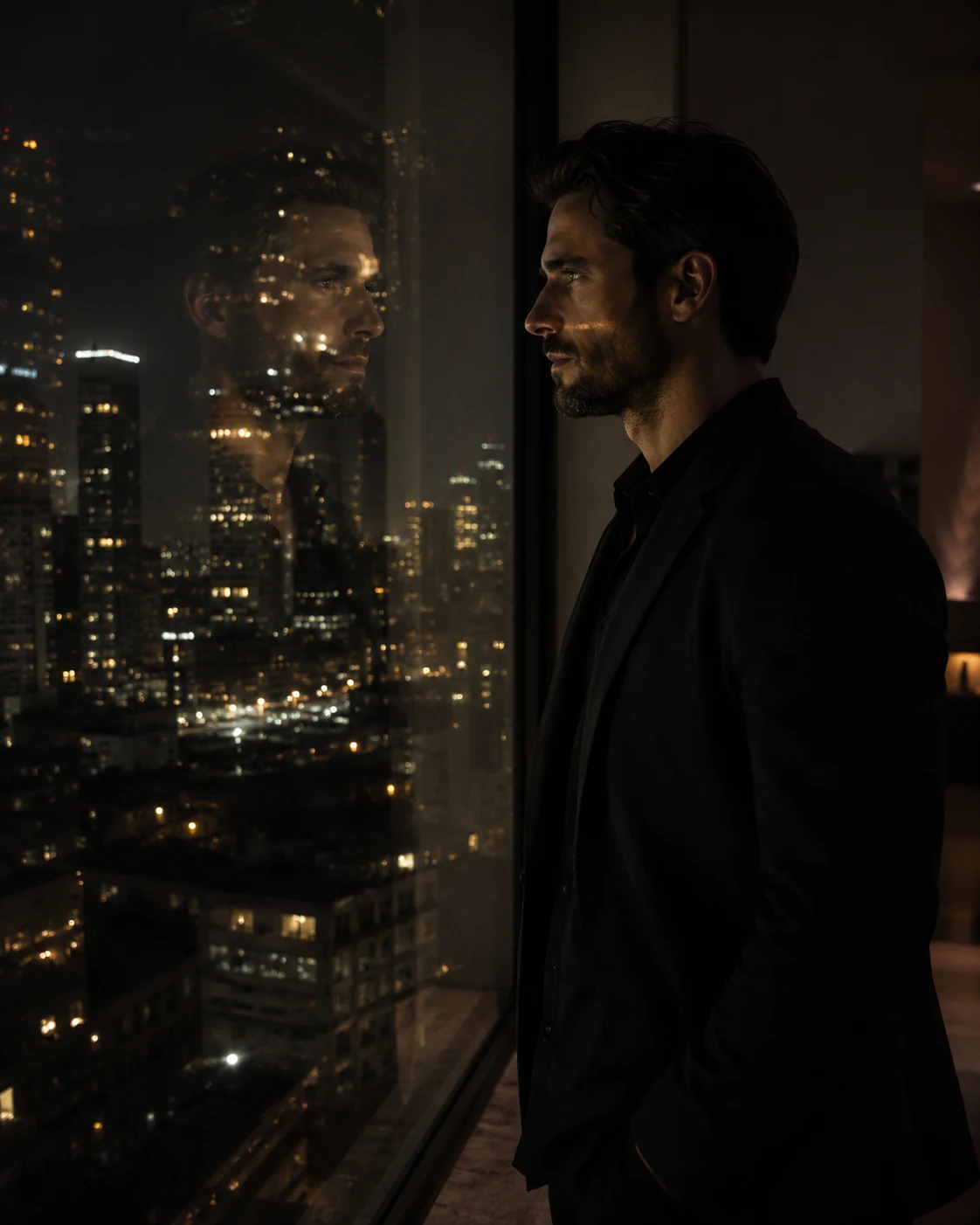 A contemplative man looking out over city lights, reflected in glass at night.