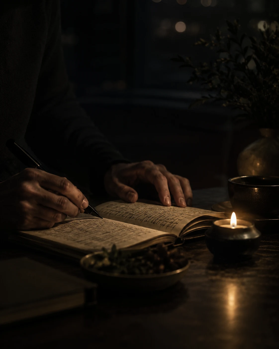 Hands writing in a journal by candlelight during a quiet reflective evening practice.