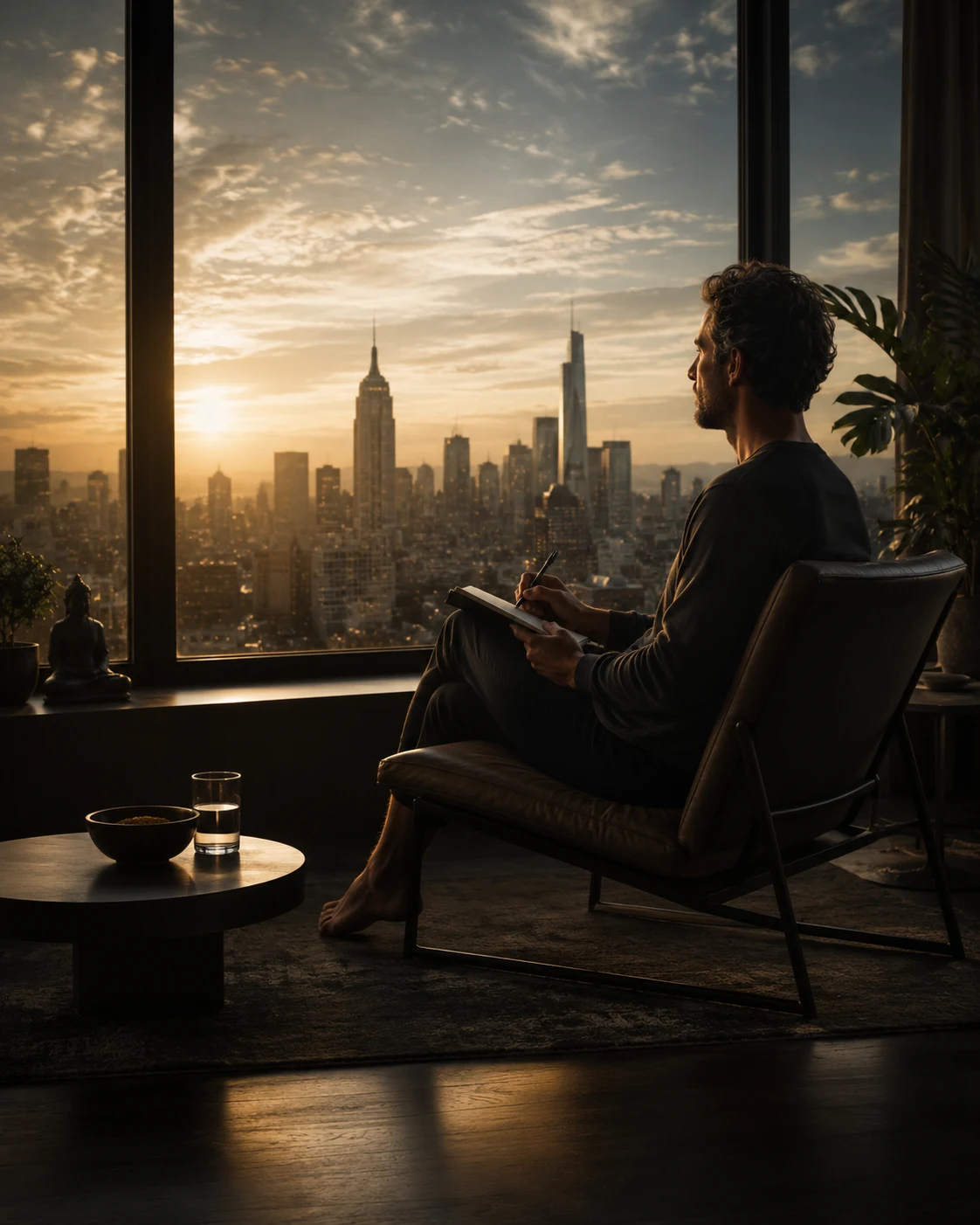 A reflective man sitting by a window at golden hour, writing in a notebook as he looks out over a city skyline.