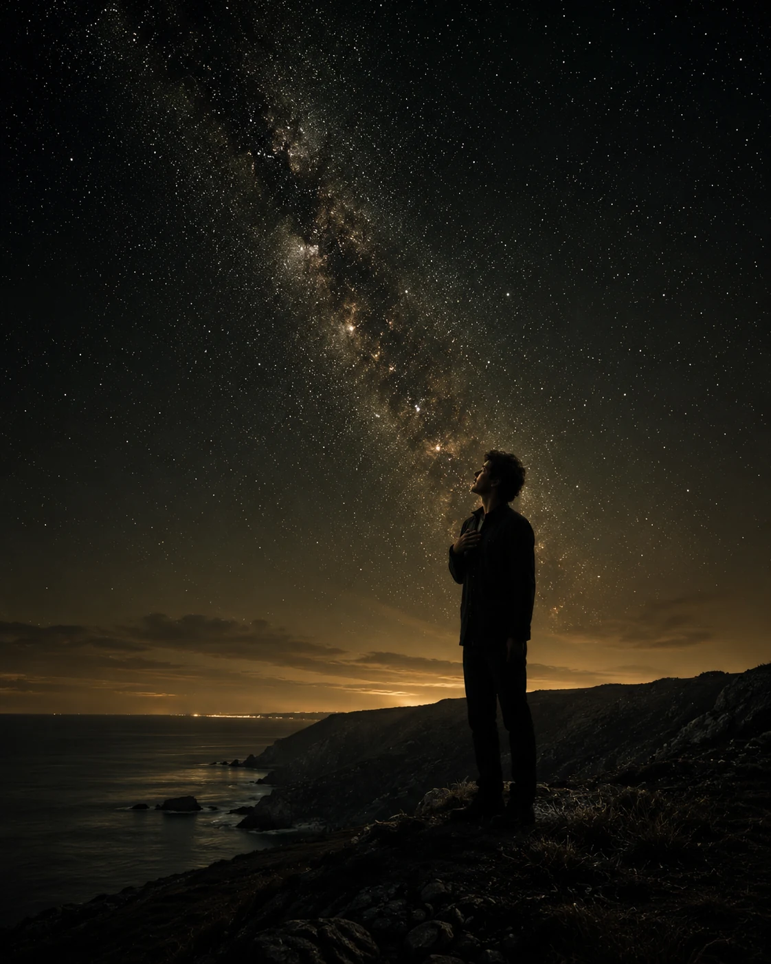 A lone figure standing under a vast star-filled night sky above the coastline.