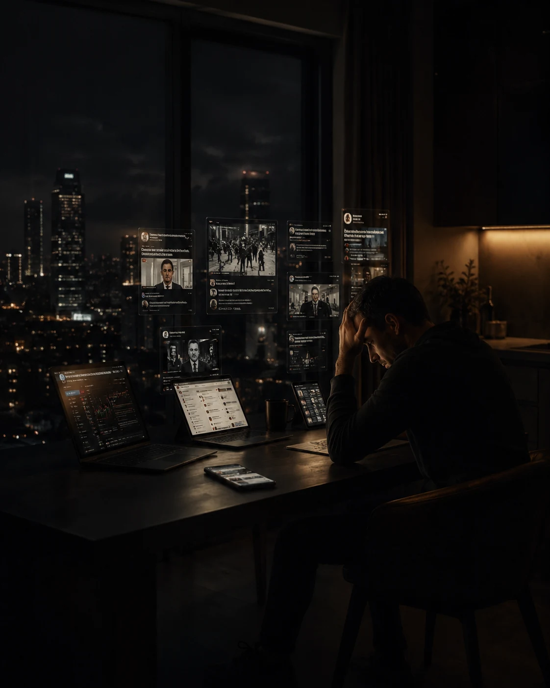 A man at night surrounded by screens and digital feeds, overwhelmed by the modern information environment.