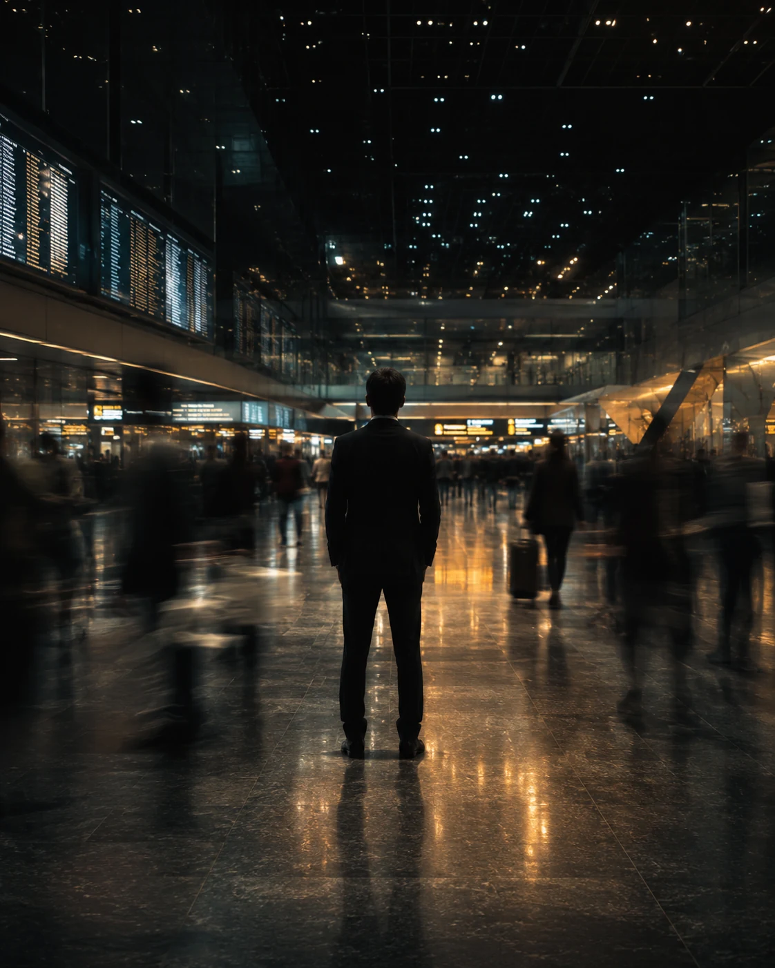 A still solitary figure standing in a busy modern concourse as blurred crowds move around him.