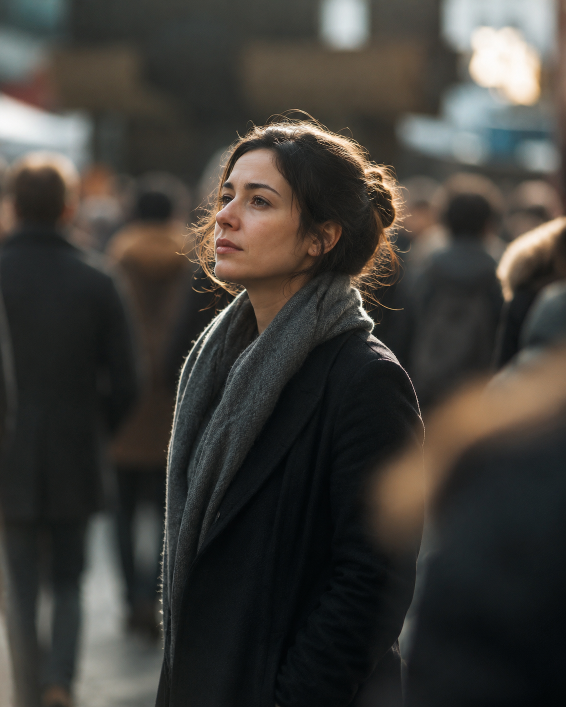 A reflective person standing in a busy crowd