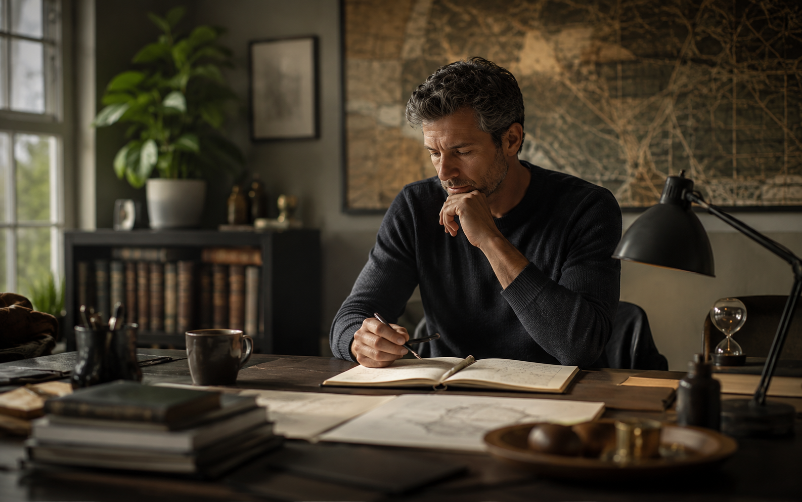 A thoughtful study scene in warm light