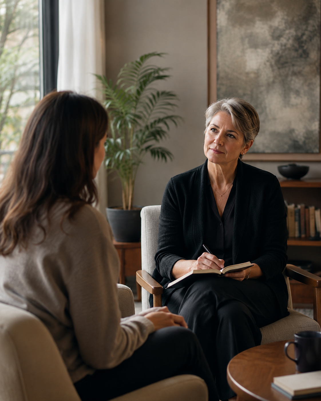 A calm therapy-style conversation in a warm home setting