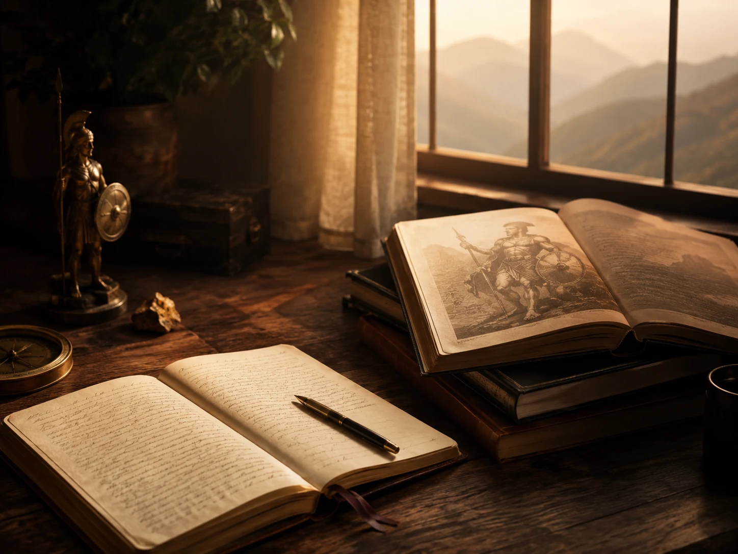 A warm study with old books, journal and warrior statue, representing the Twelve Labours as structured work