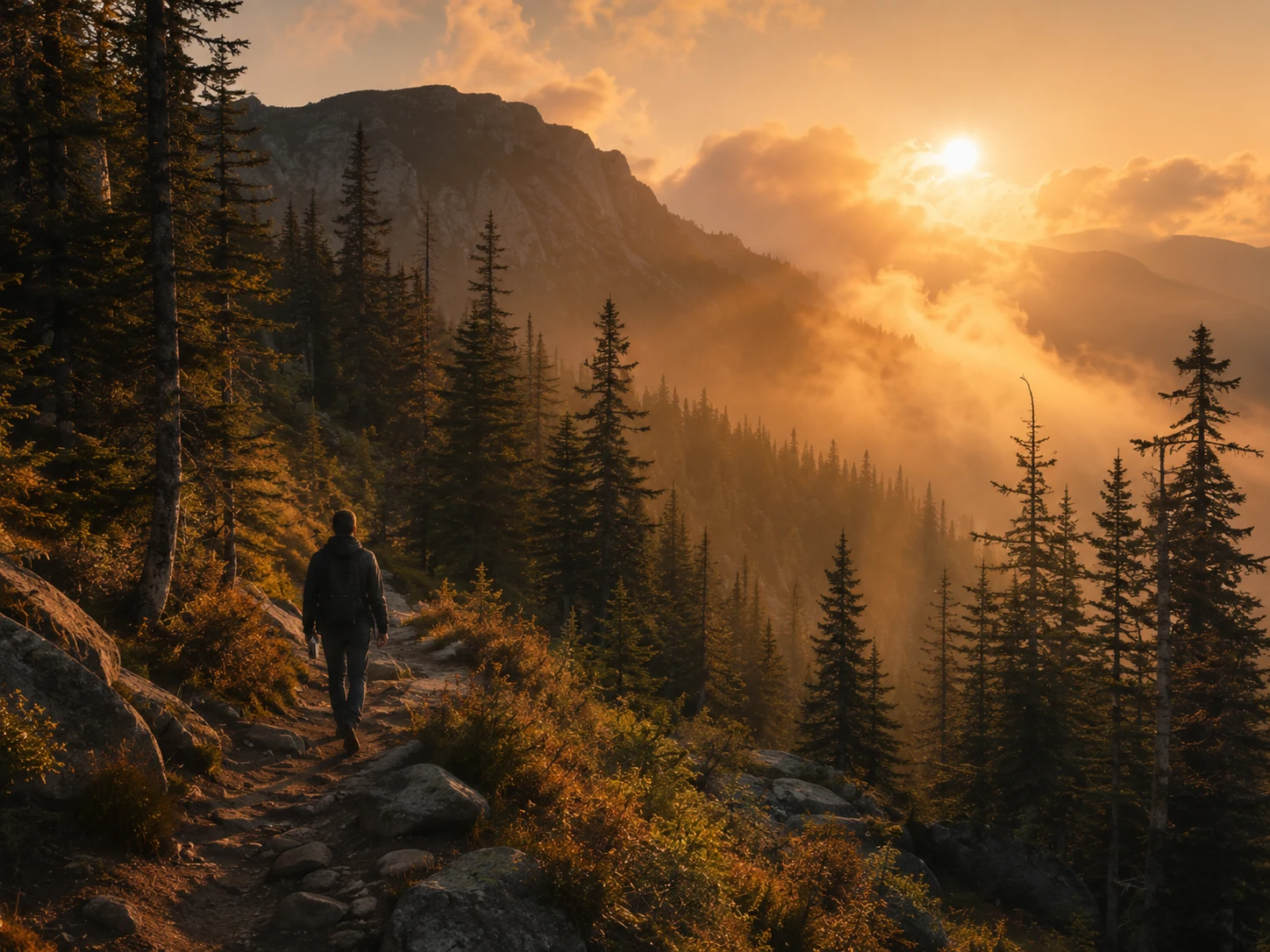 A solitary person walking a misty mountain path, representing courage carried into real life