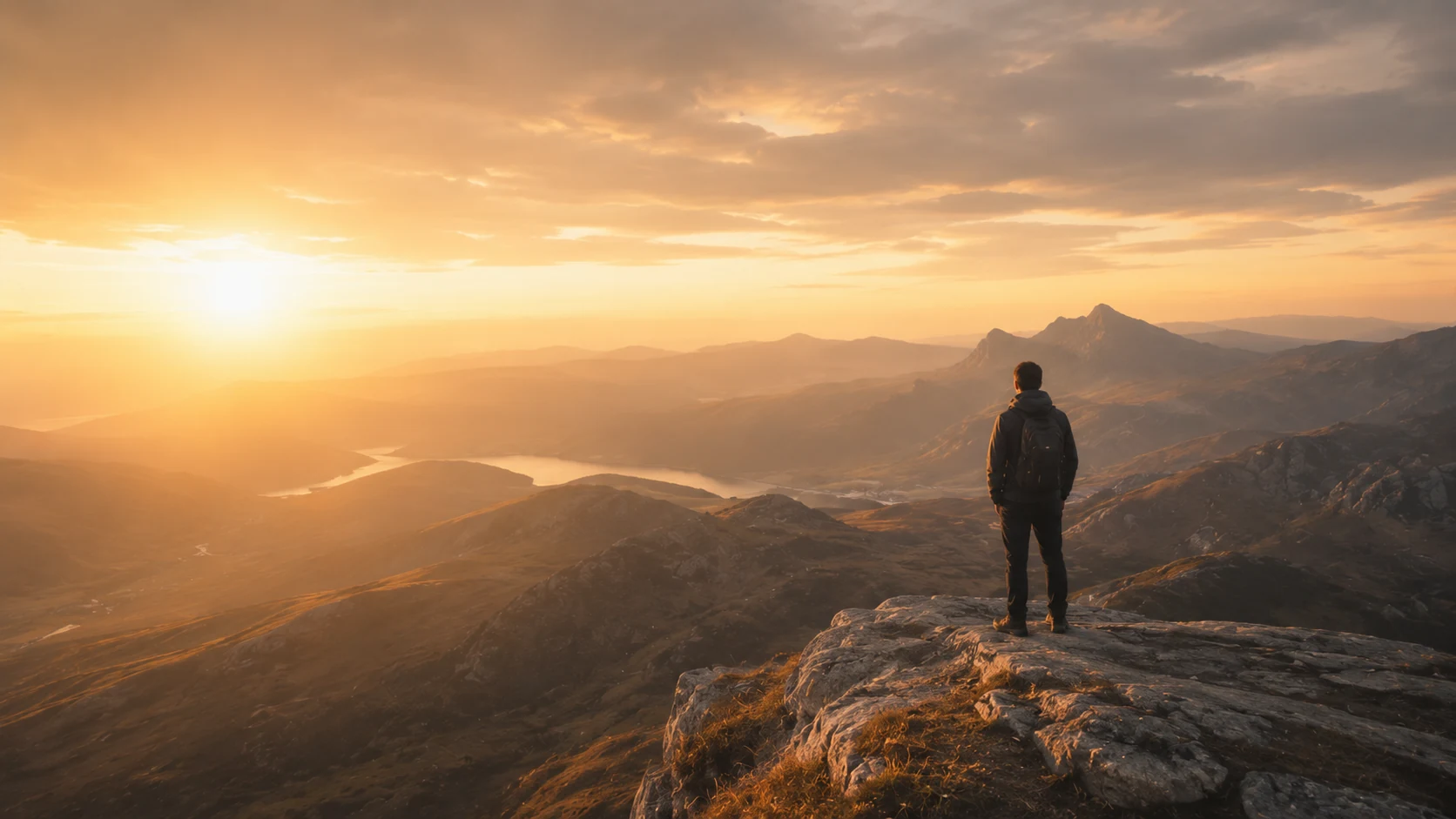 A solitary person standing before a vast mountain landscape, representing the heroic challenge ahead
