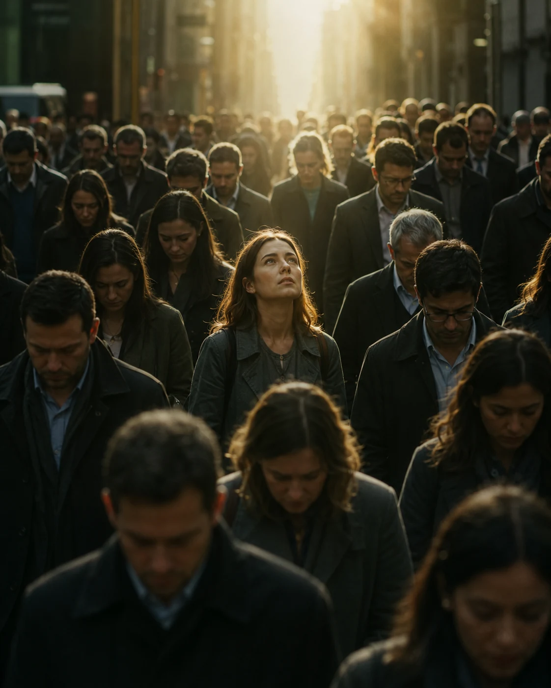 A person looking up in a crowd of people looking down, representing the first moment of seeing social conditioning
