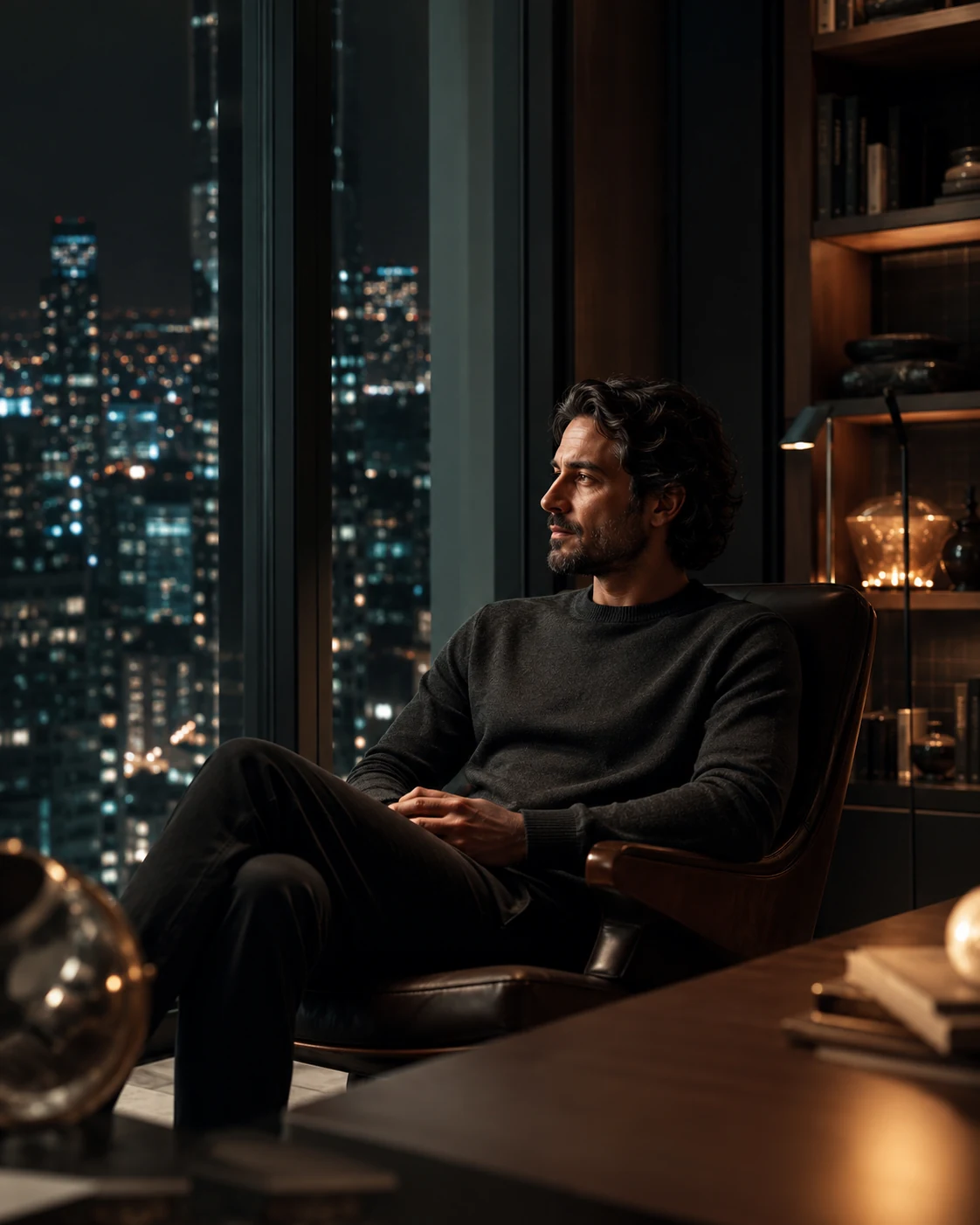 A person in a dark study looking out over the city at night, representing reflection on inherited scripts