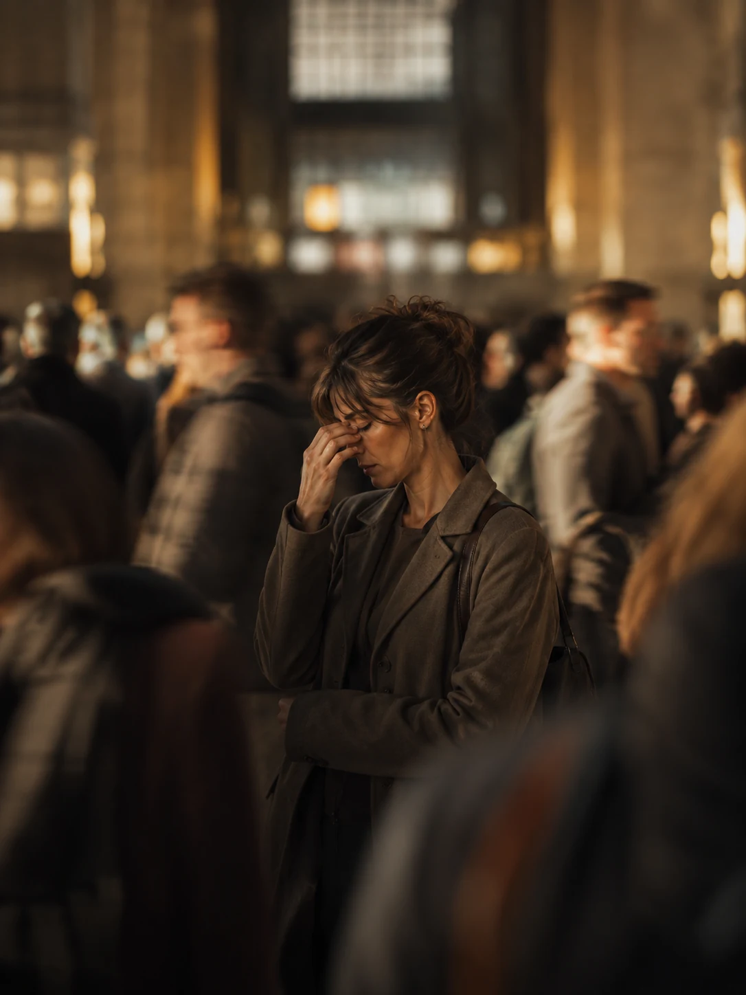 A fatigued person in a busy station representing overload and the pressure of modern life