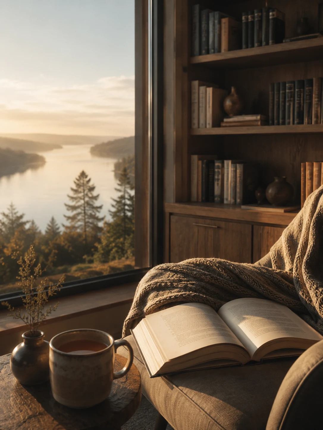 A quiet reading nook overlooking a lake