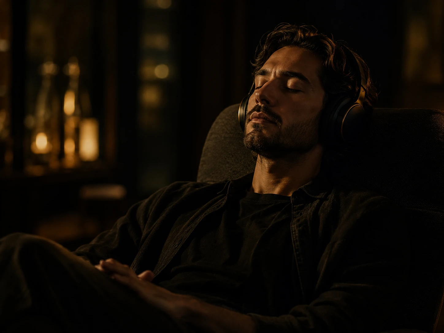A person resting comfortably while listening to a guided audio session