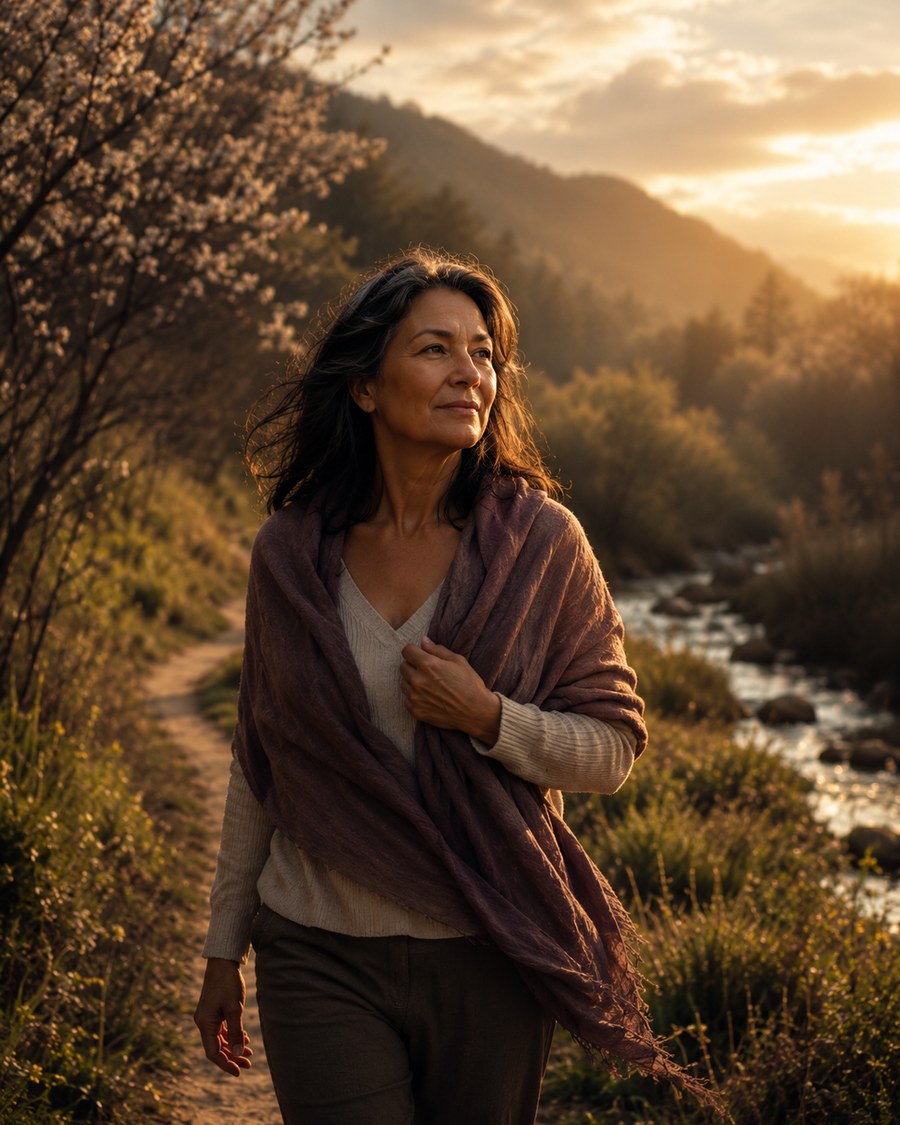 A woman walking through warm golden light, symbolising stepping into The Second Spring and a new chapter of midlife.