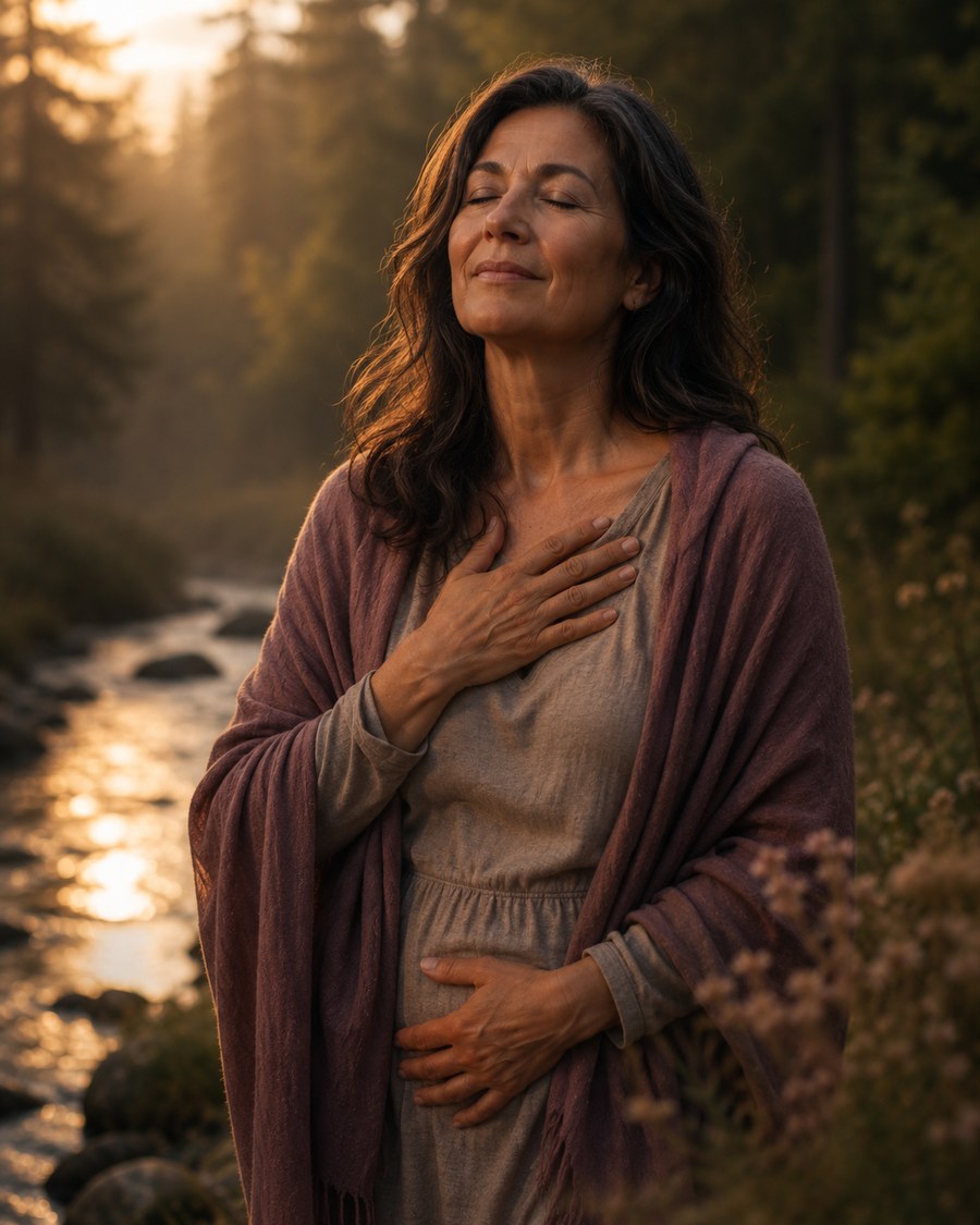 A peaceful woman beside flowing water in soft golden light, symbolising body trust, emotional release, and renewal during menopause.