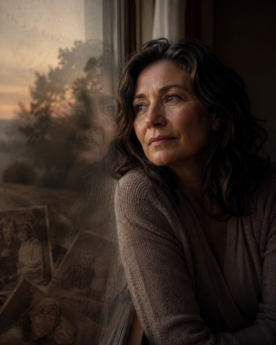 A contemplative woman near a softly lit window, symbolising reflection, identity change, and the inner questioning of midlife.