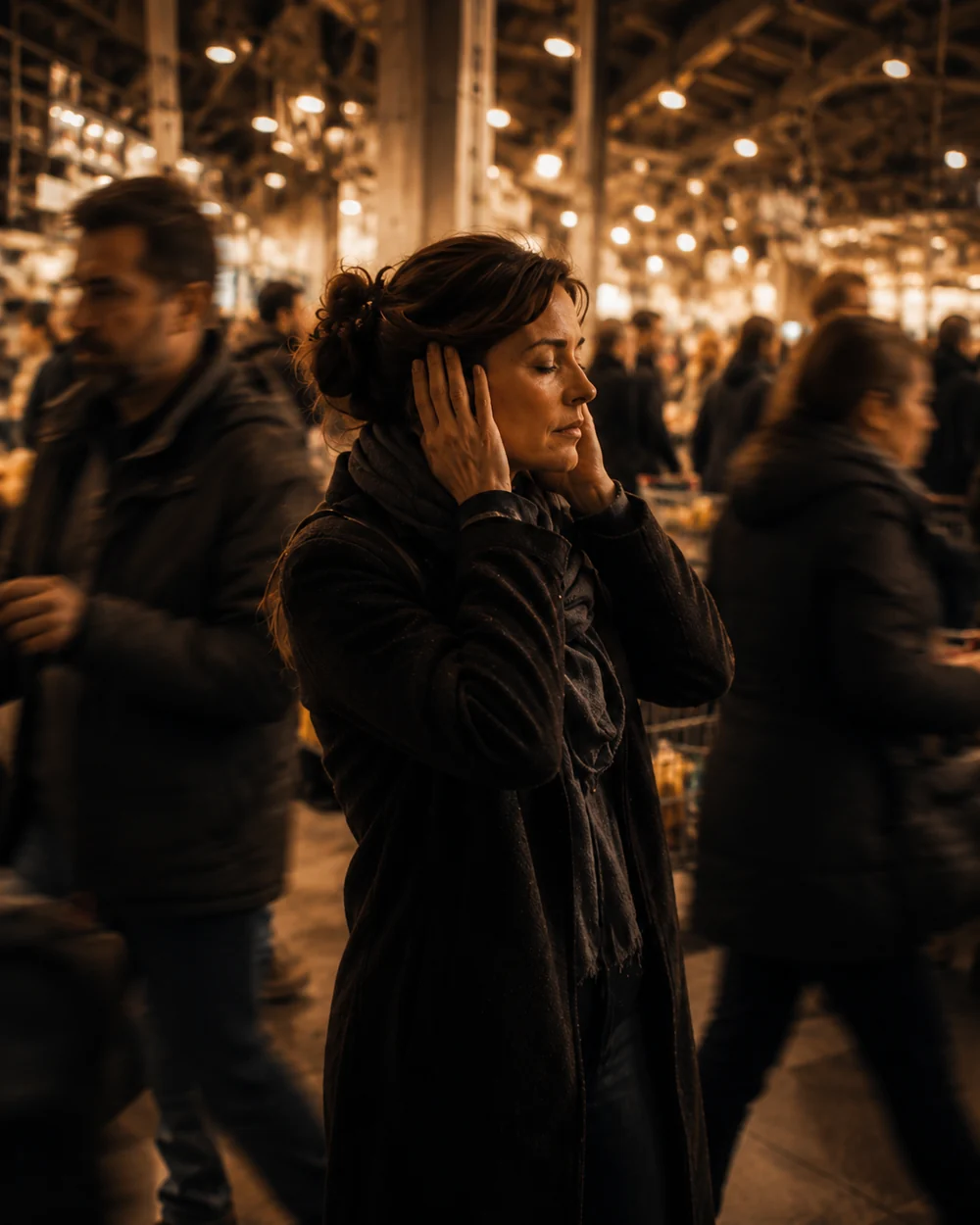 A person experiencing sensory overload in a busy public environment