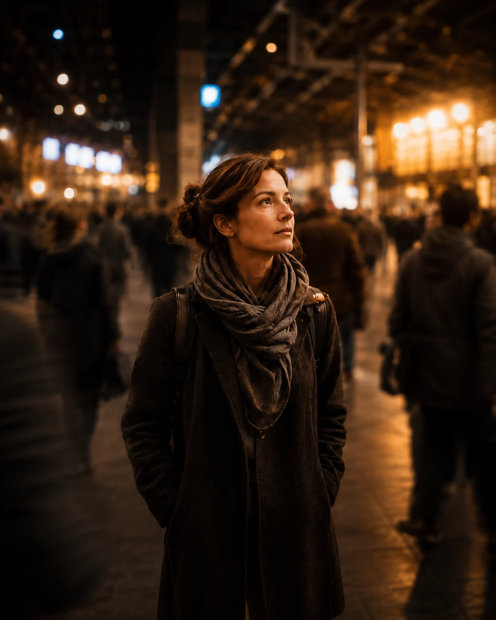 A thoughtful person standing still in a busy world that moves too fast