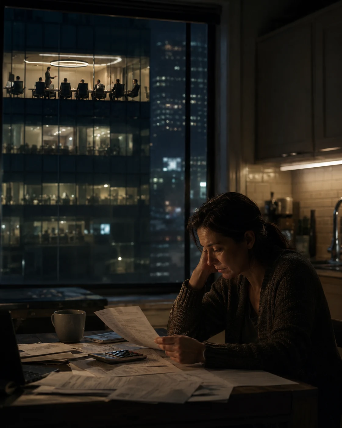 A woman at night reading bills while a distant executive meeting takes place across the city, representing authority separated from ordinary consequence.