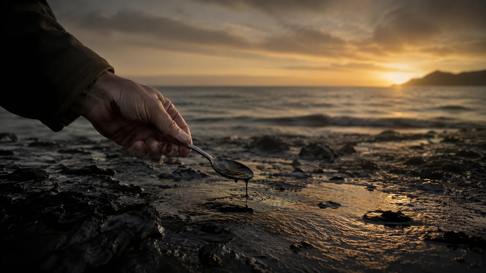 A hand holding a small teaspoon at the edge of a dark ocean at sunset, representing small honest action in the face of a vast problem.