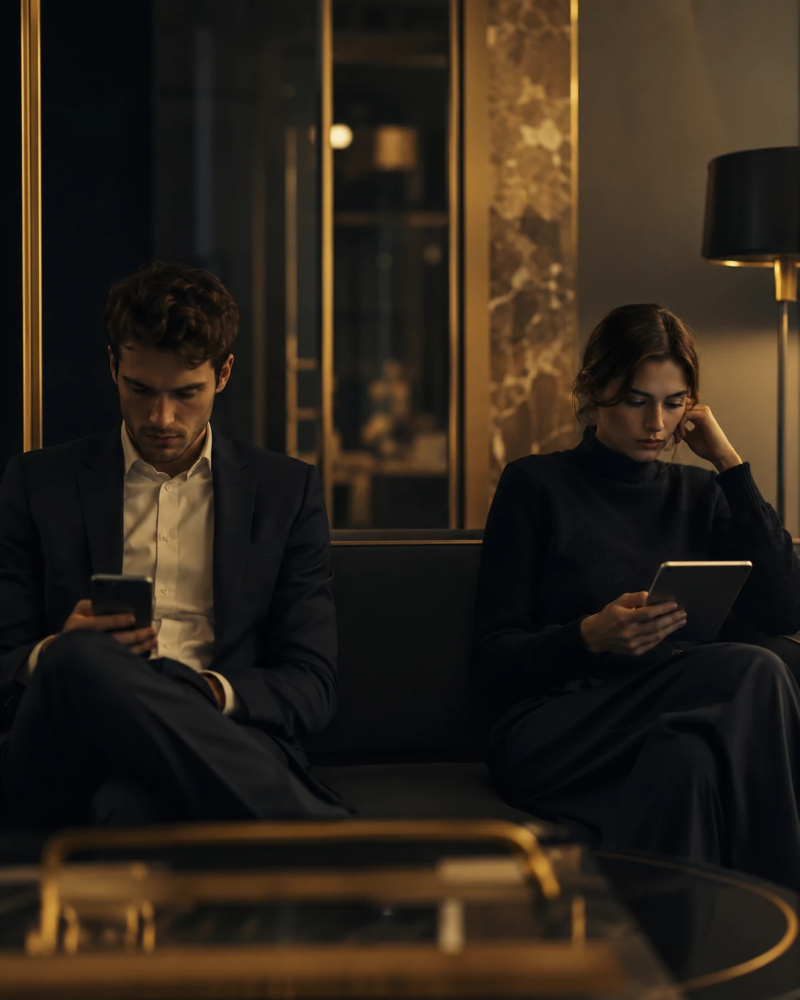 Two people sitting apart in a luxury lounge, absorbed in their devices, representing digital contact without genuine encounter.