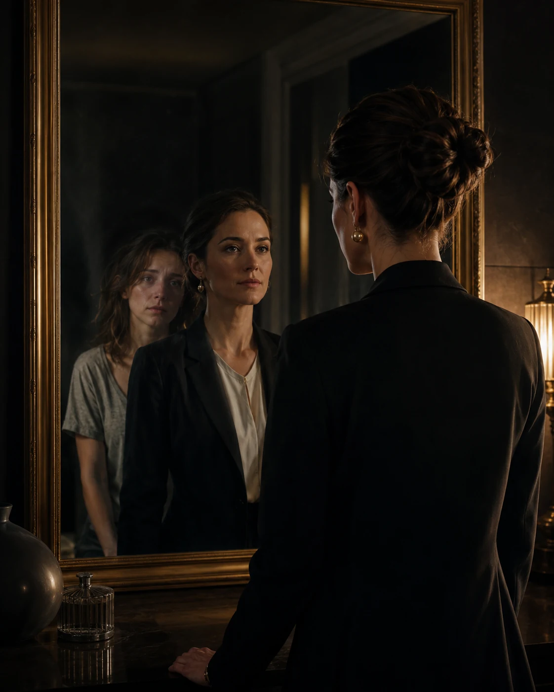 A woman facing a mirror where a younger, more vulnerable self appears behind her, representing the original self beneath the performed identity.