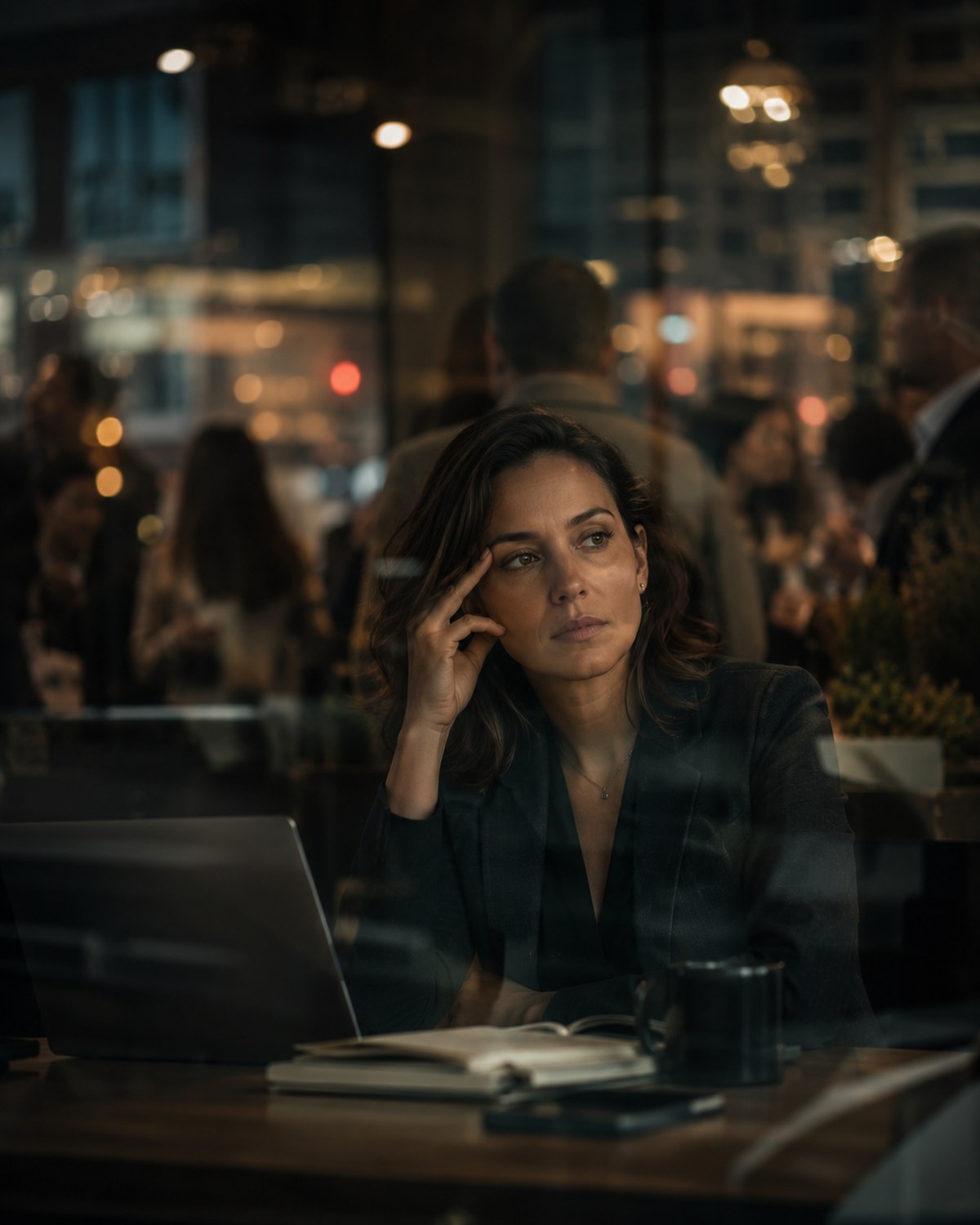 A person sitting in a busy cafe, showing attention fatigue and inner noise
