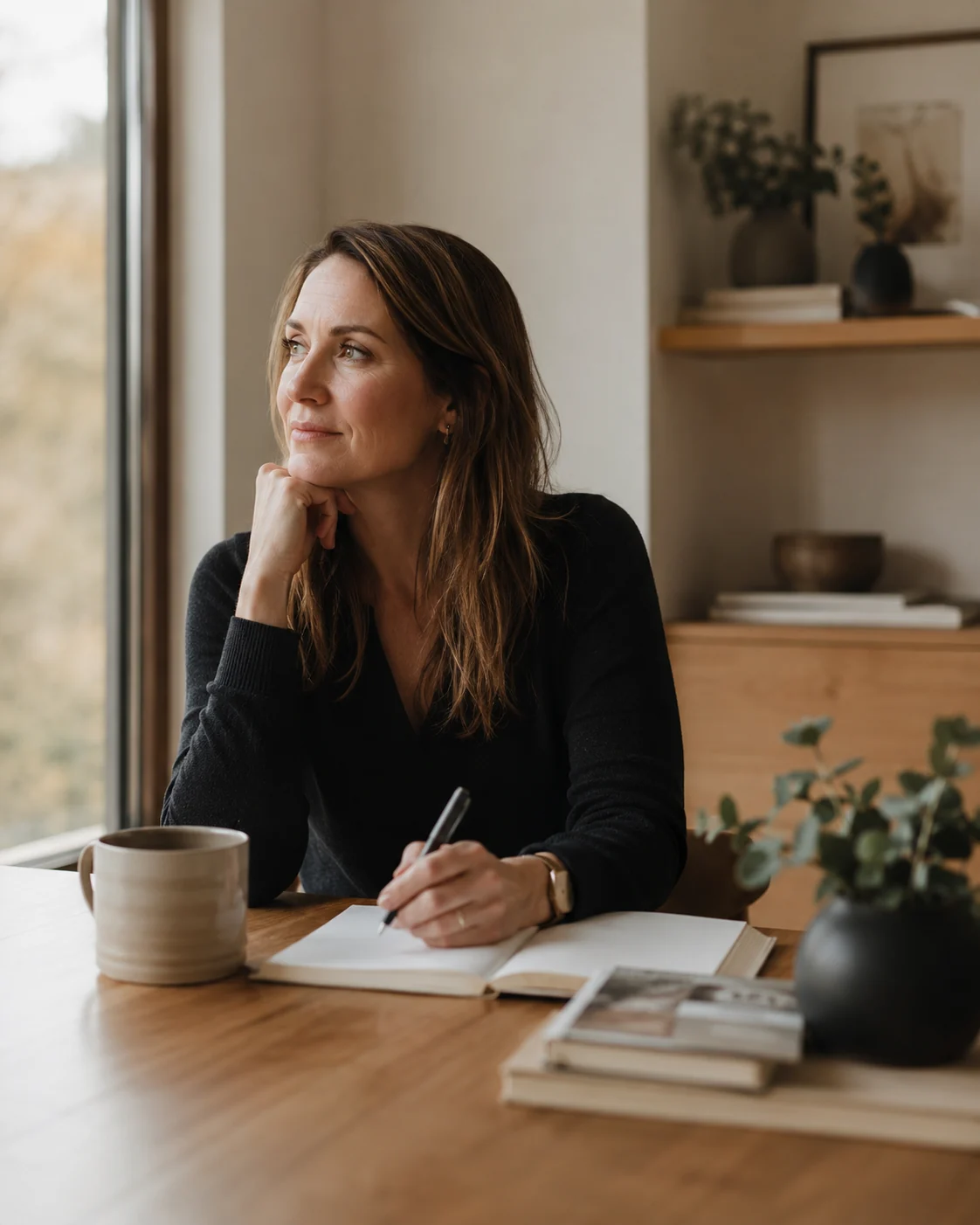 A woman reflecting beside a window with a notebook, representing personal transformation becoming practical