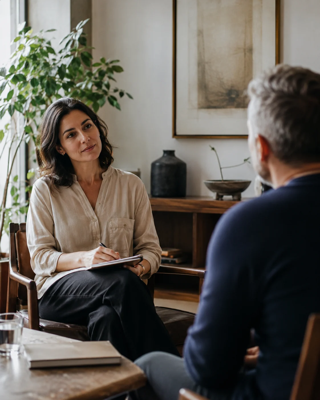 A practitioner in a calm client session, representing responsible transformational work with clients