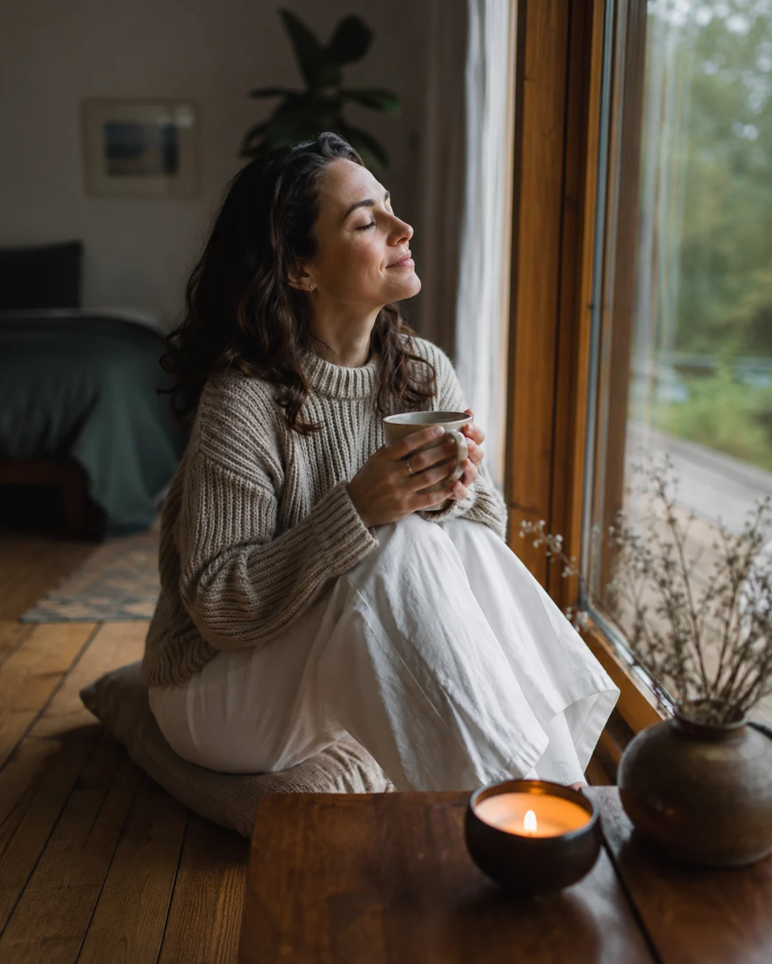 A woman sitting peacefully by a window, representing personal integration and stabilised change