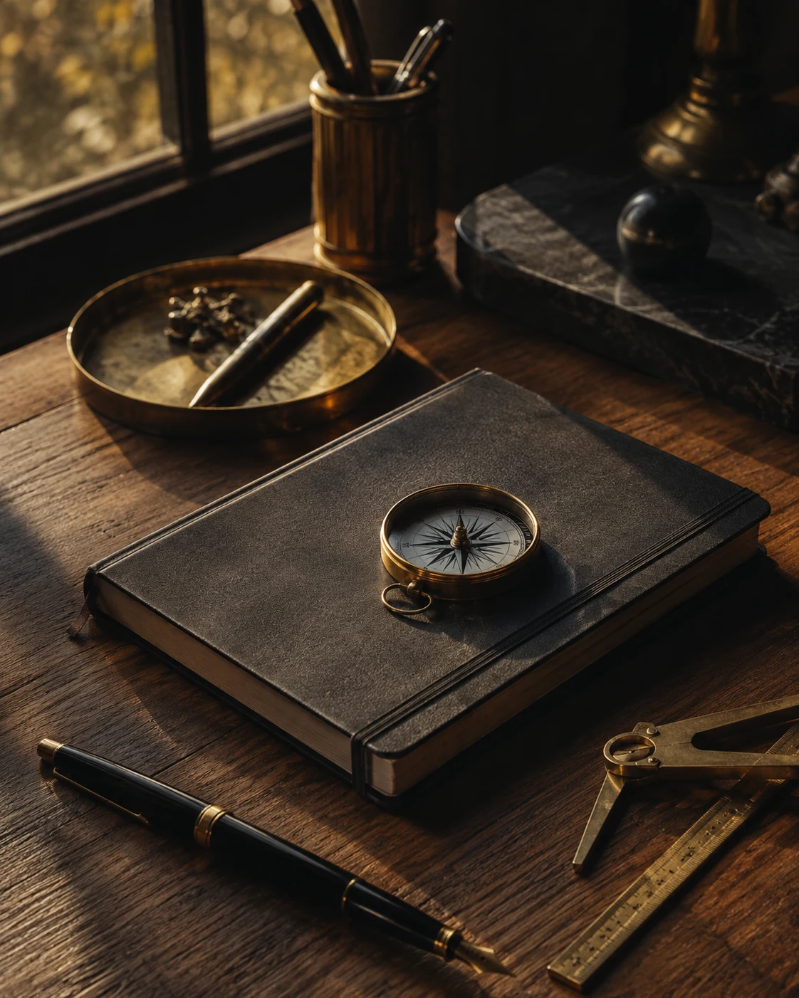 Notebook, compass and working tools representing the Practitioner Realm