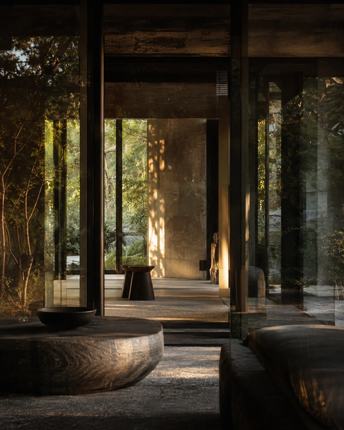 Layered reflections and natural light representing consciousness and perception