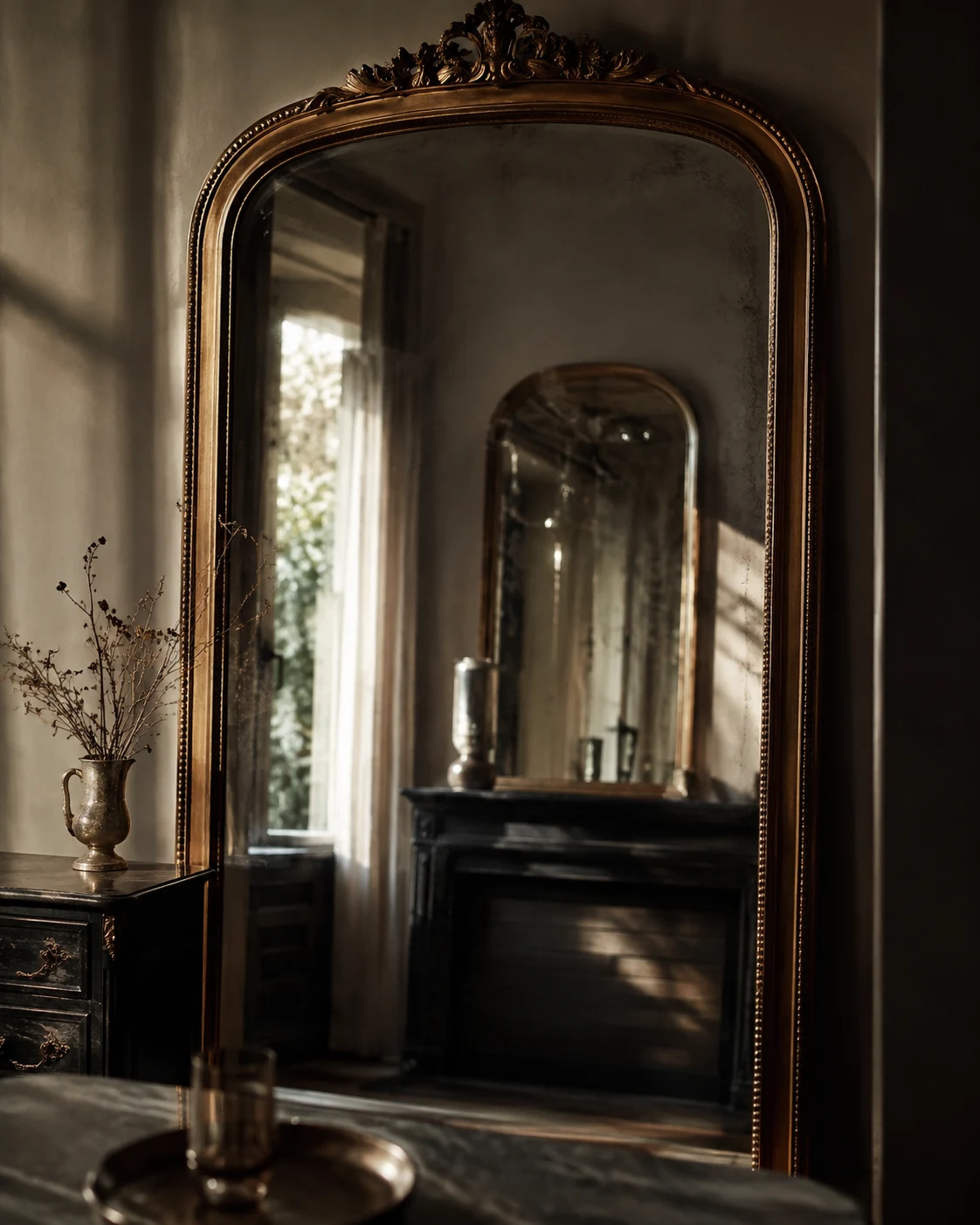 Antique mirror and reflected room representing identity and self-perception