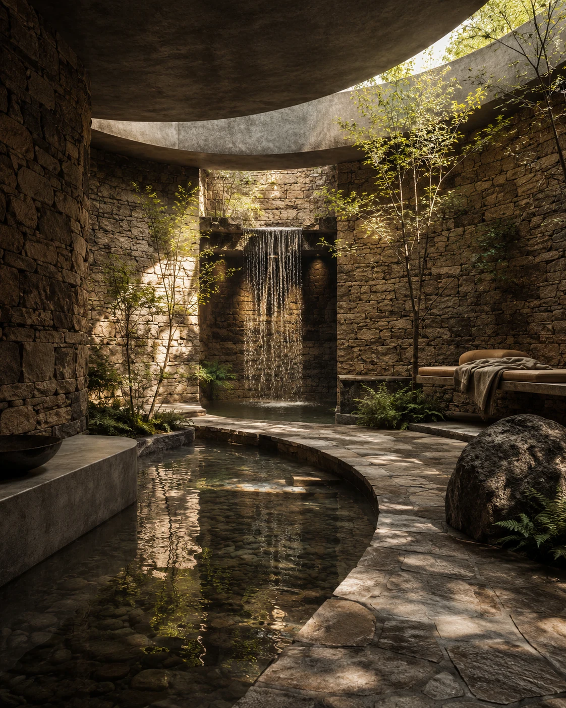 Quiet restorative stone courtyard and water representing the Healing Realm