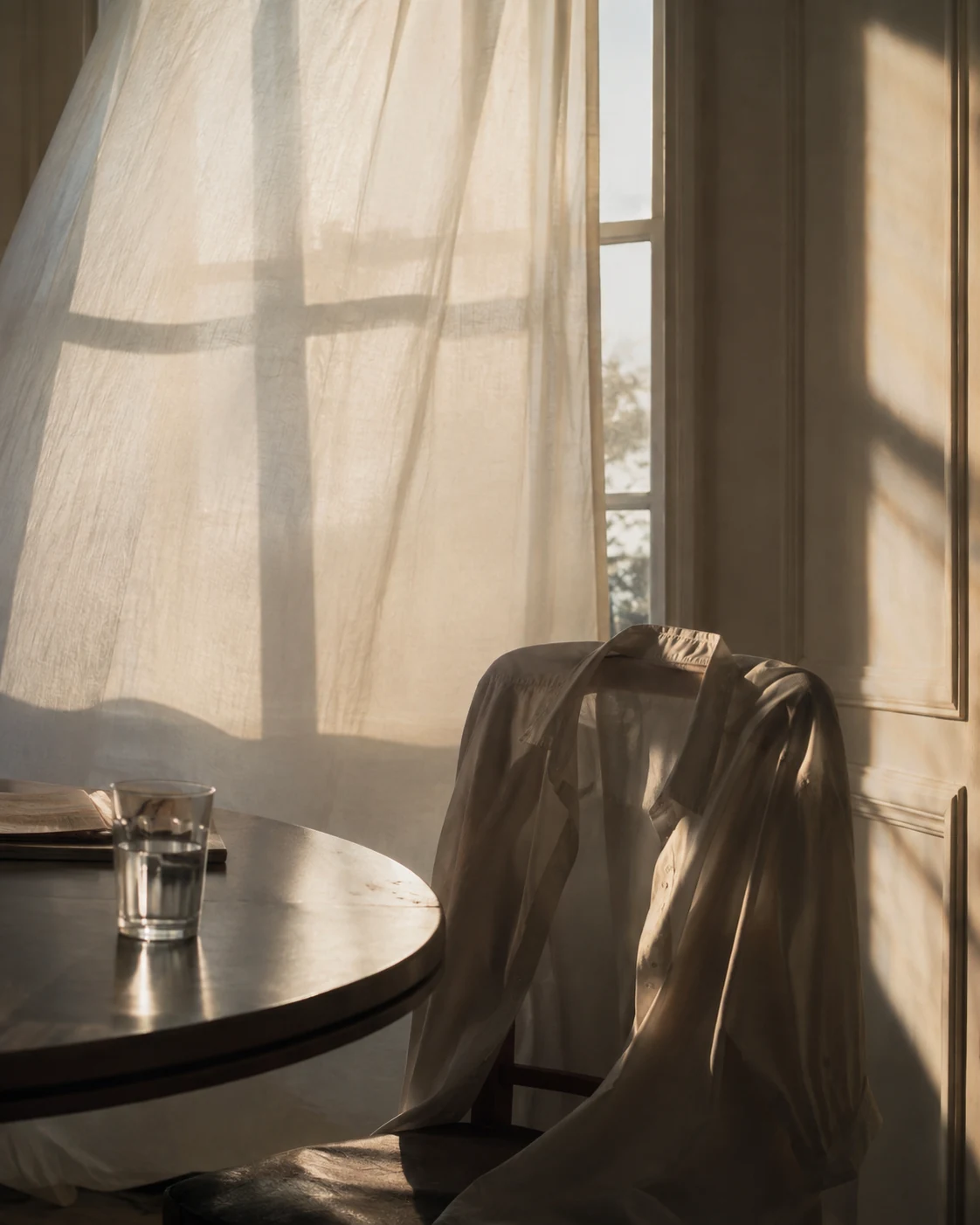 Empty chair with clothing and moving light representing embodied experience and the Invisible Body