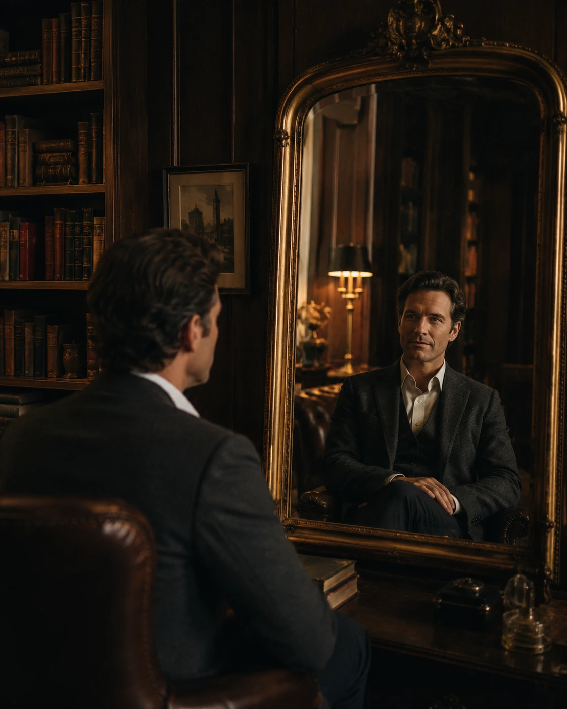 A reflective figure in a warm study, suggesting identity and conscious self-creation