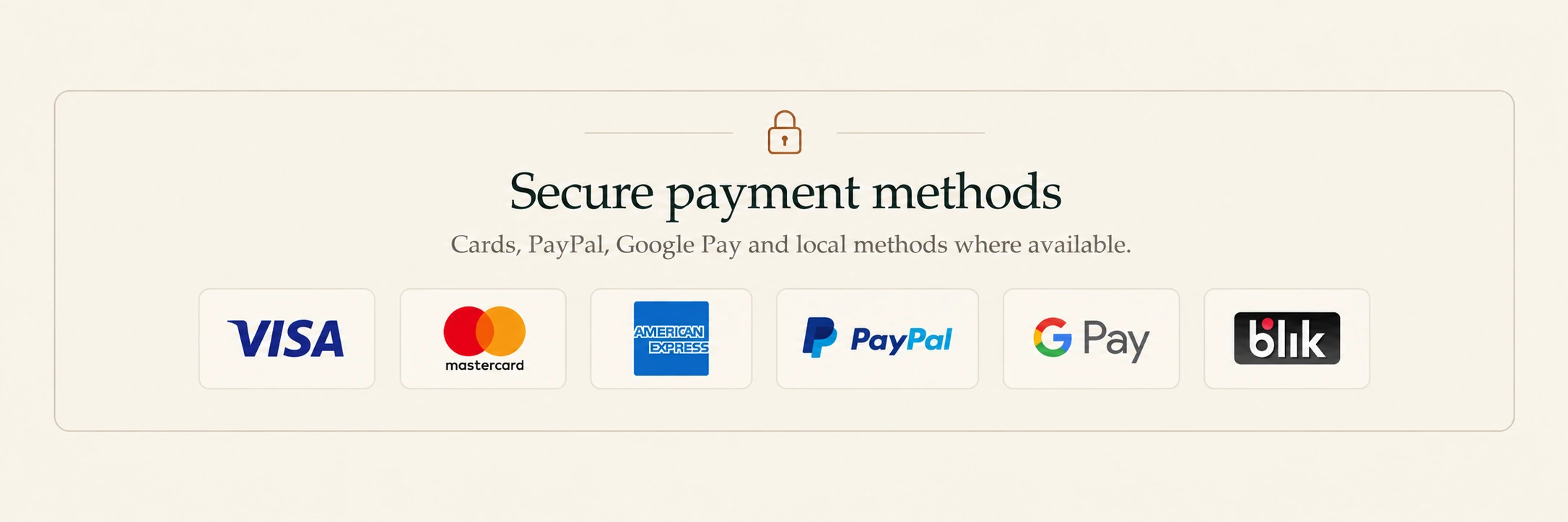 Secure payment methods: cards, PayPal, Google Pay and local methods where available.